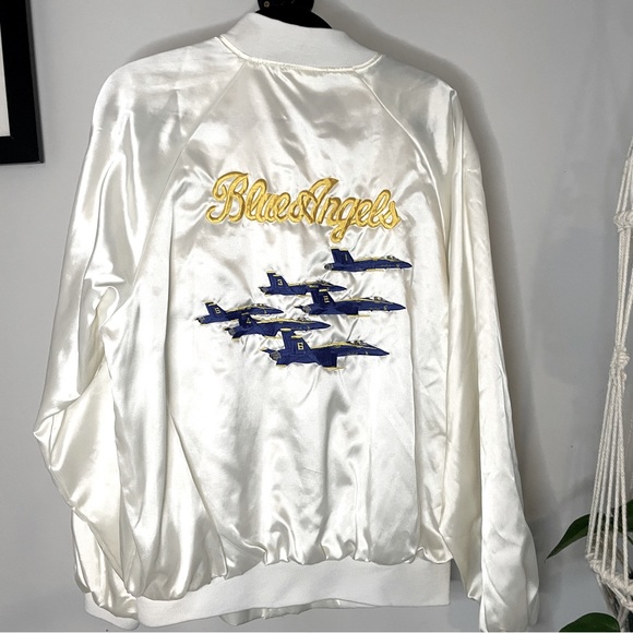 Vintage Jackets & Coats Vintage White Satin Bomber Jacket Blue